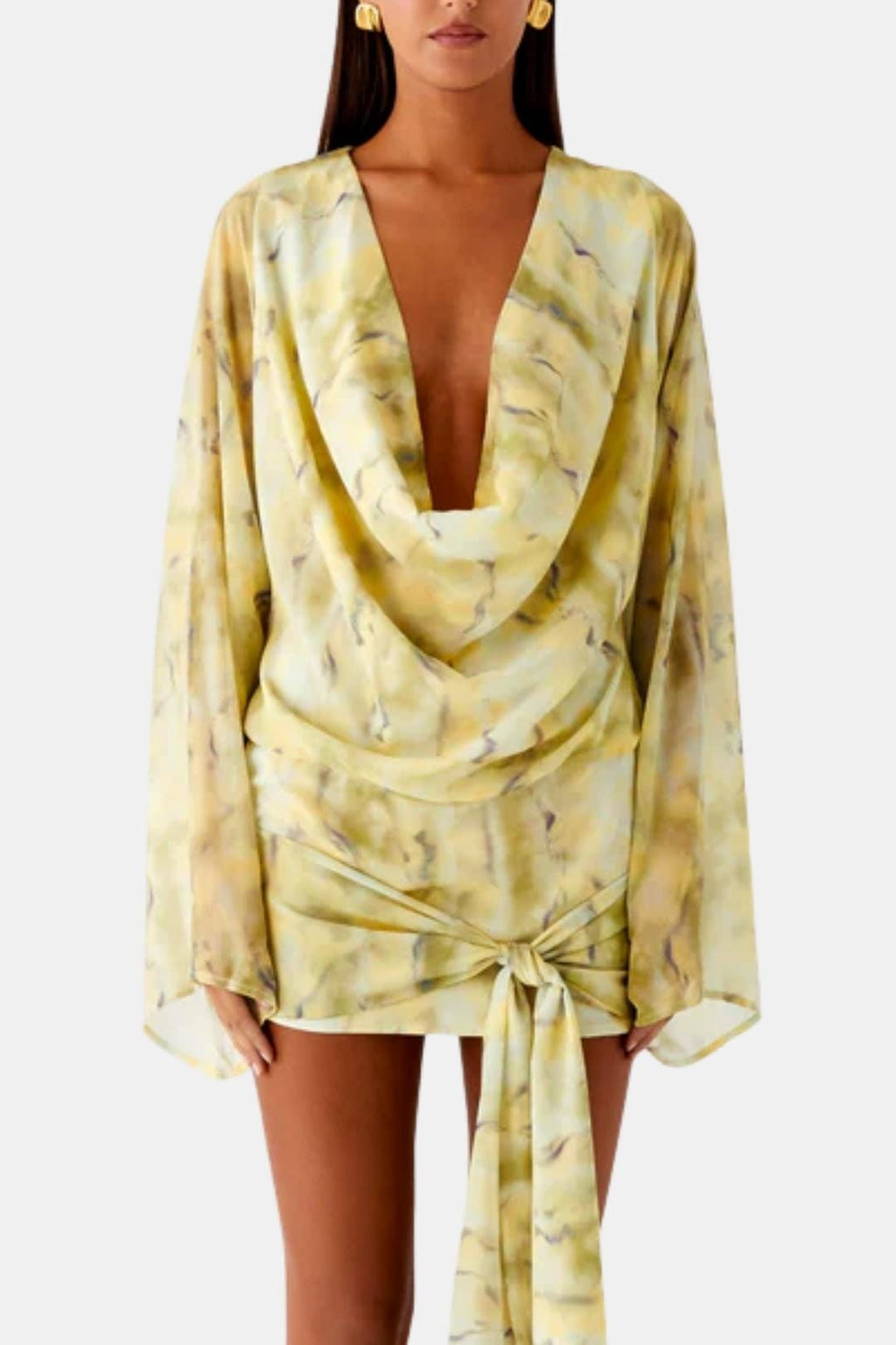 Sylvara | Women's Cowl Neck Mini Dress - Yellow - Image 1