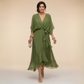 Sylvorne | Women's Chiffon Midi Dress with Belt - Image 1