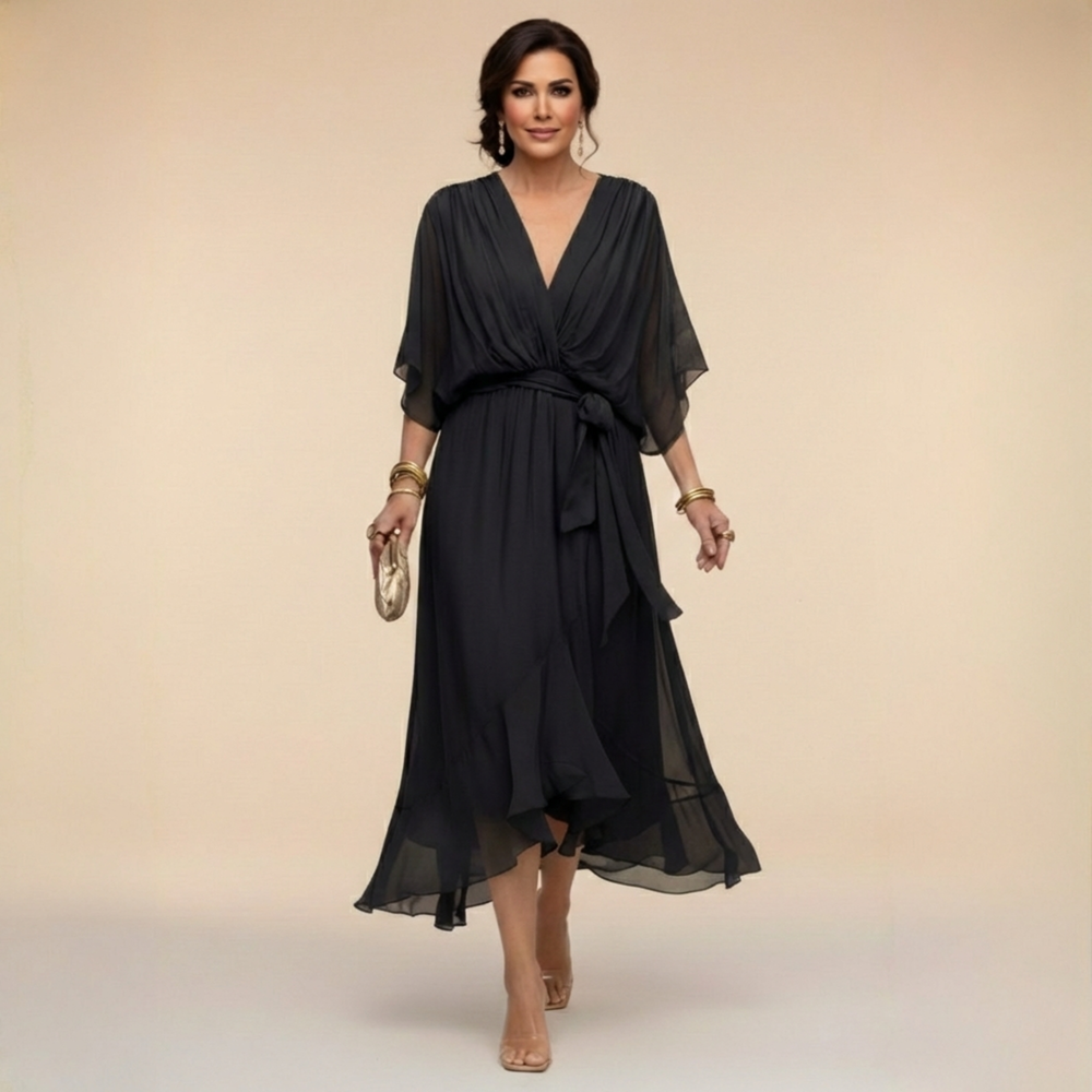 Sylvorne | Women's Chiffon Midi Dress with Belt - Image 2