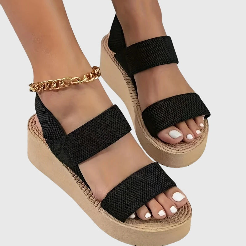 Tarvaine | Women's Platform Sandals Wide Strap Wedge - Black - Image 5