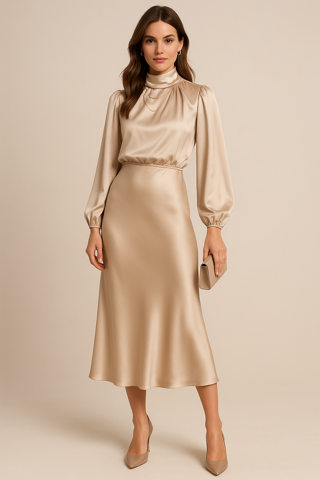 Tavelle | Women's Cocktail Dress Long Sleeve Midi - Champagne - Image 1
