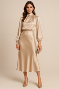 Tavelle | Women's Cocktail Dress Long Sleeve Midi - Champagne - Image 1
