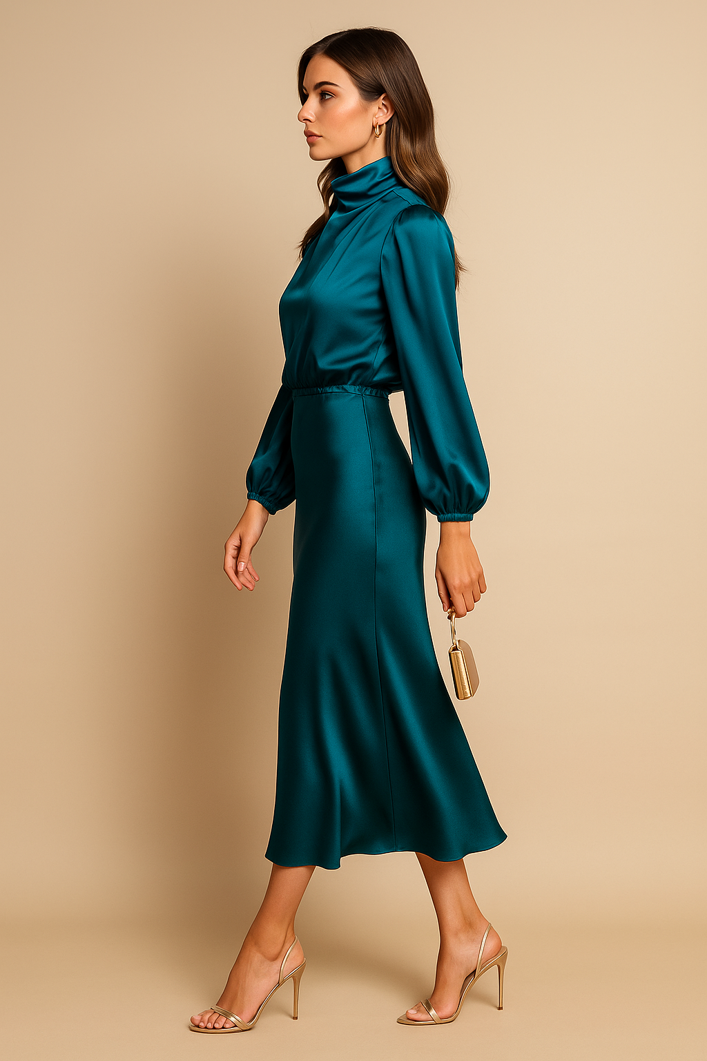 Tavelle | Women's Cocktail Dress Long Sleeve Midi - Champagne - Image 5