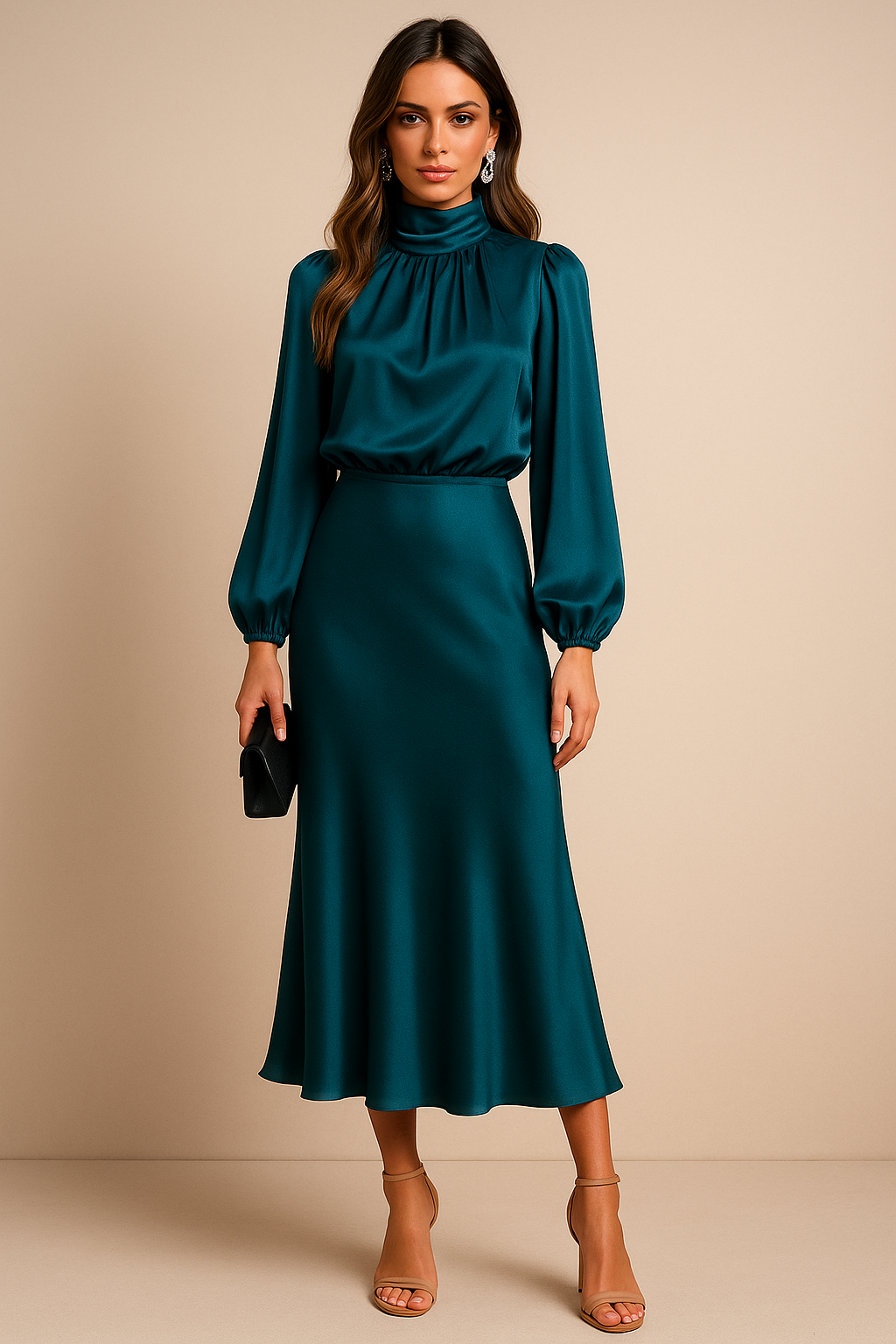 Tavelle | Women's Cocktail Dress Long Sleeve Midi - Champagne - Image 6