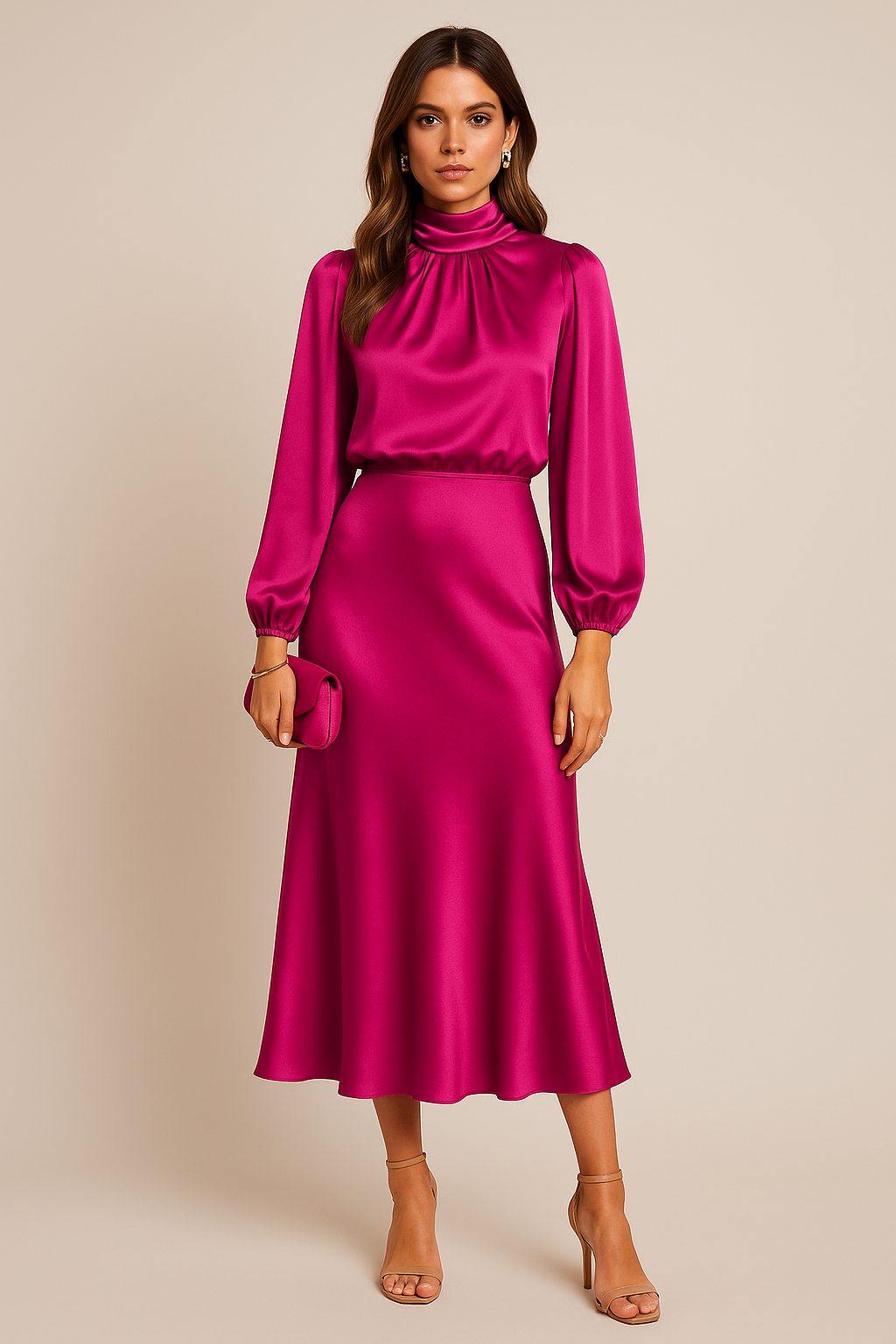 Tavelle | Women's Cocktail Dress Long Sleeve Midi - Champagne - Image 7