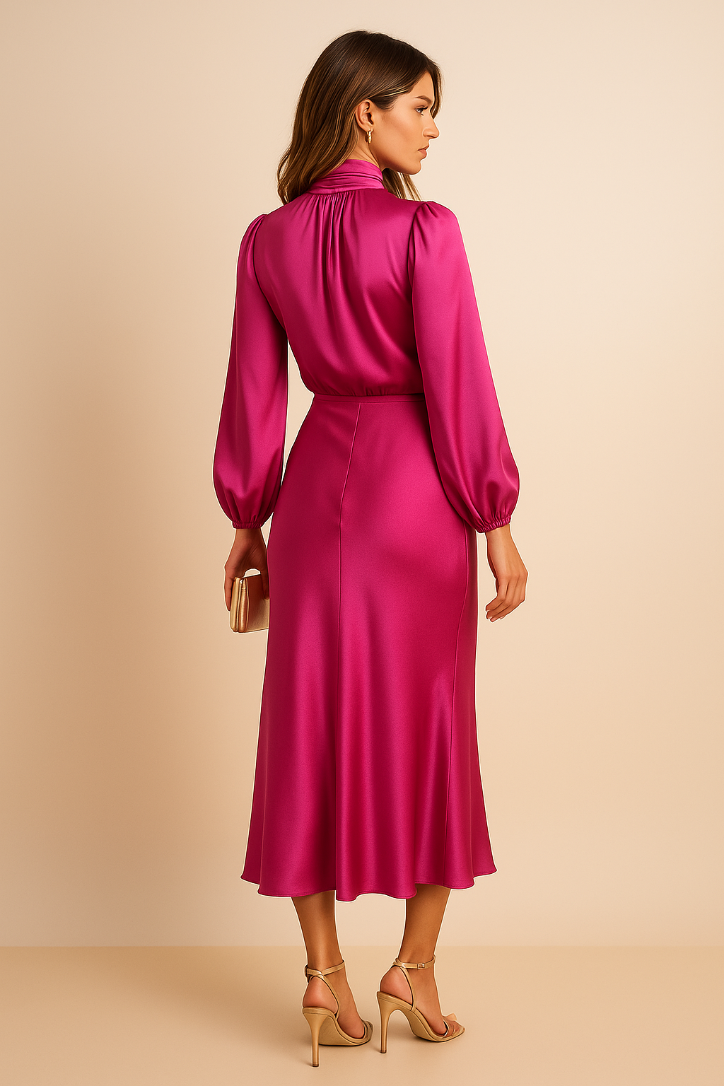 Tavelle | Women's Cocktail Dress Long Sleeve Midi - Champagne - Image 8