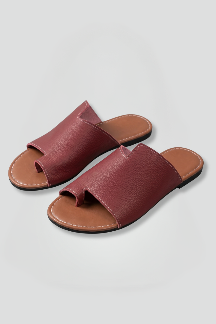 Tavindel | Women's Leather Slide Sandals Open Toe - Burgundy - Image 2
