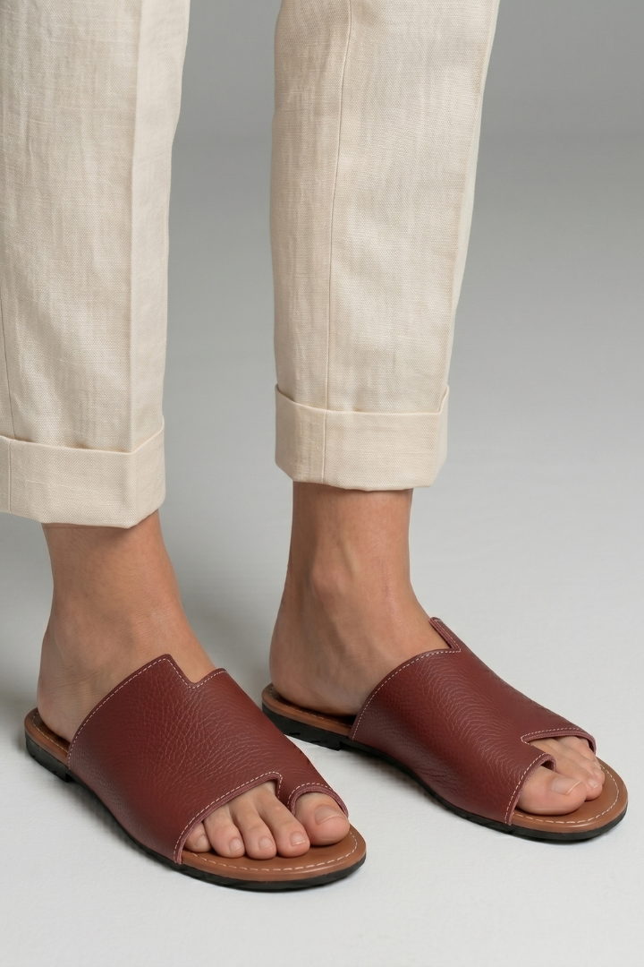 Tavindel | Women's Leather Slide Sandals Open Toe - Burgundy - Image 4