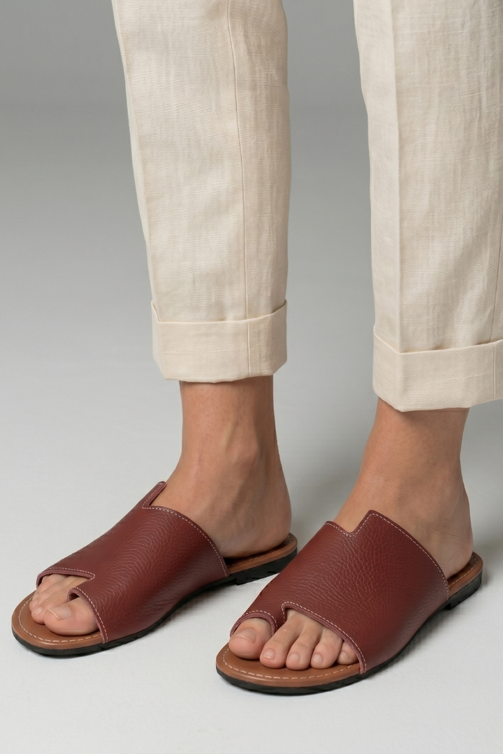 Tavindel | Women's Leather Slide Sandals Open Toe - Burgundy - Image 6