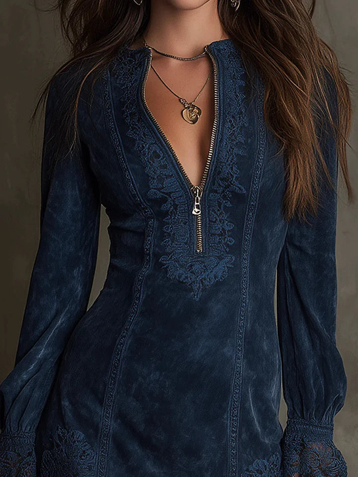 Tavita | Women's Long Sleeve Lace Mini Dress - Navy - Image 2