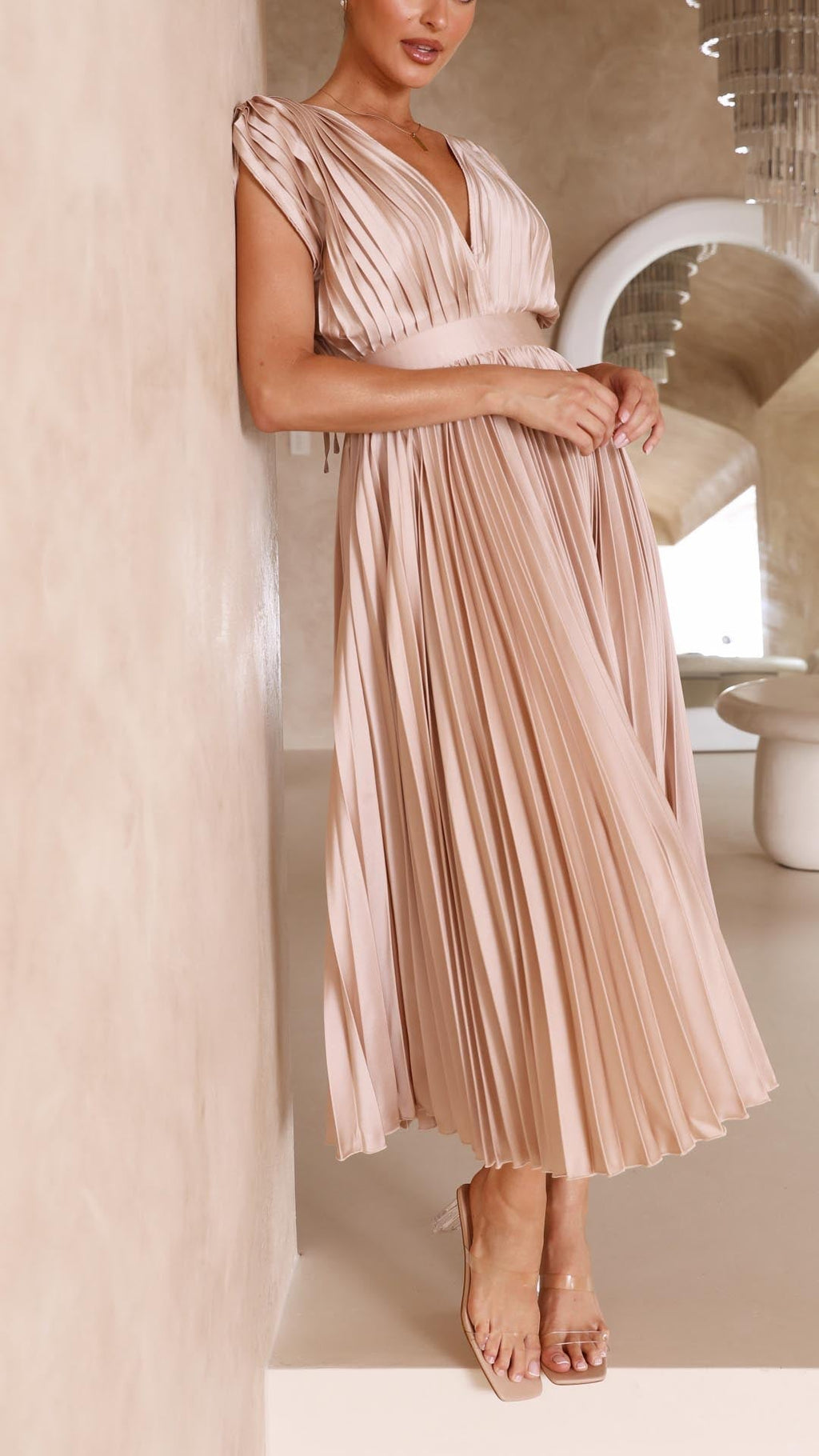 Telvaine | Women's Pleated Midi Dress Deep V-Neck - Pink - Image 10