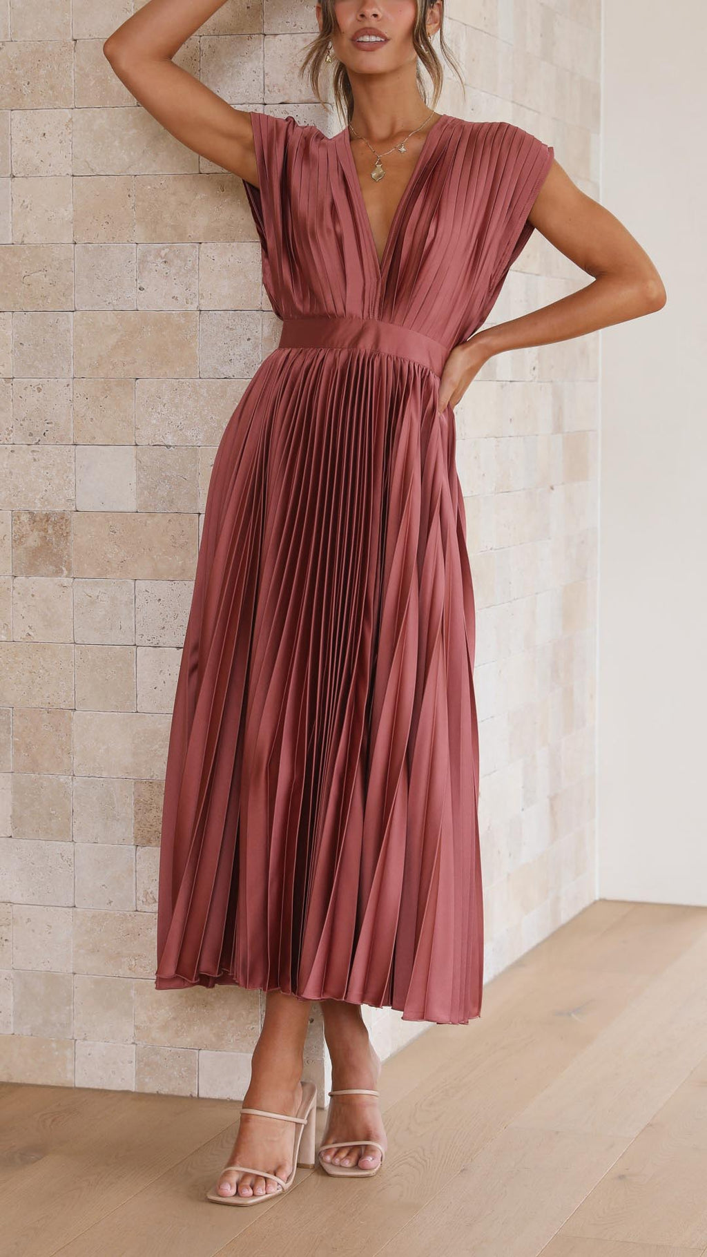 Telvaine | Women's Pleated Midi Dress Deep V-Neck - Pink - Image 2