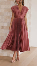 Telvaine | Women's Pleated Midi Dress Deep V-Neck - Pink - Image 3