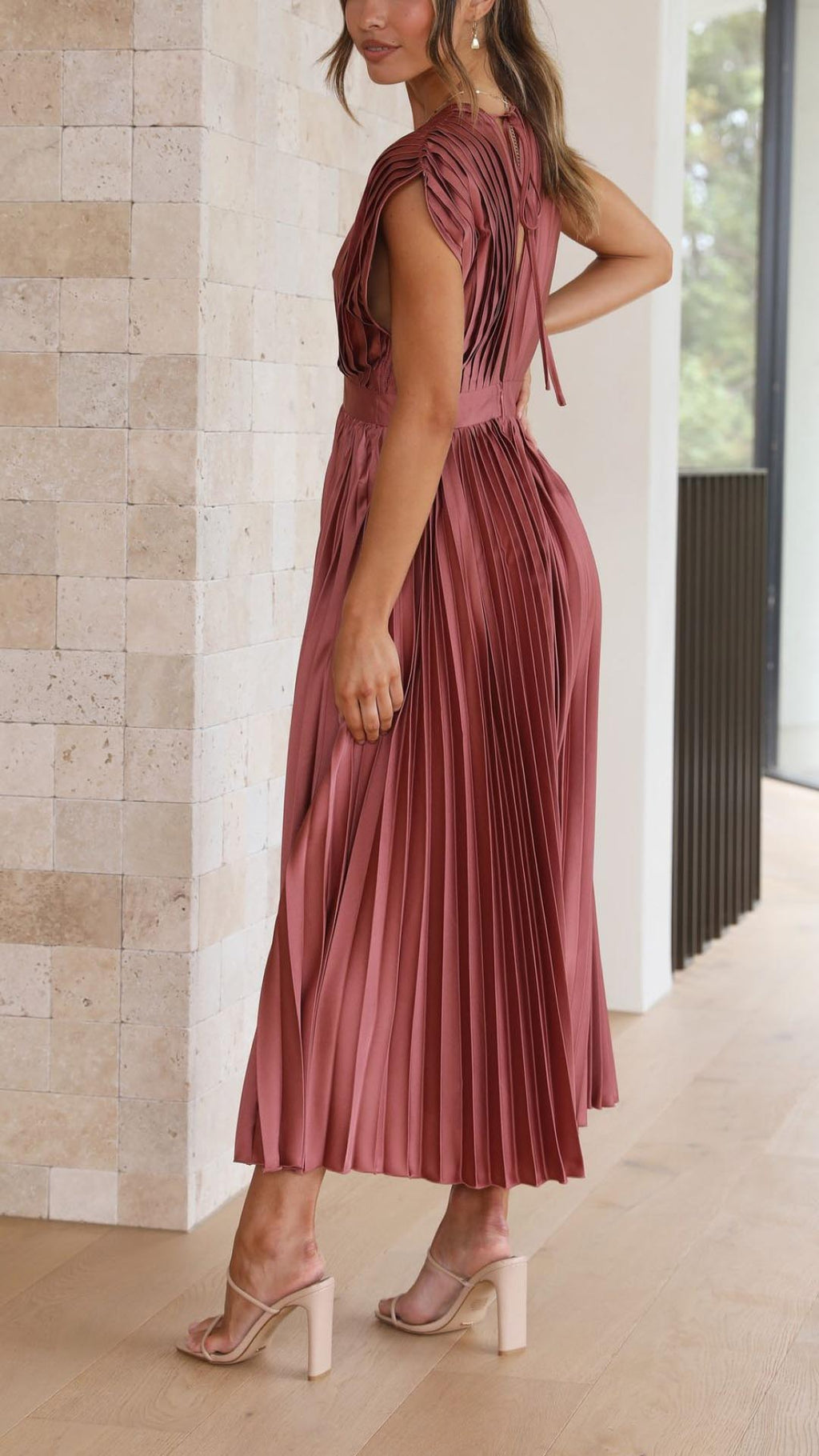 Telvaine | Women's Pleated Midi Dress Deep V-Neck - Pink - Image 4