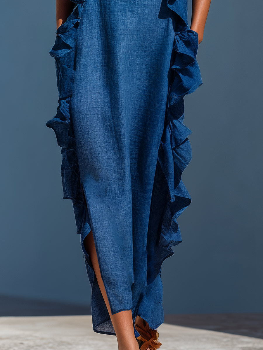Telvara | Women's Casual Summer Maxi Dress Ruffle - Blue - Image 4