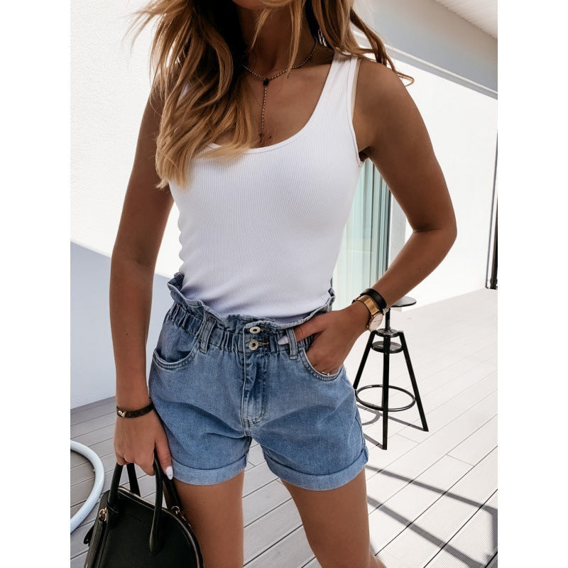 Telvara | Women's High-Waisted Denim Shorts - Light Blue - Image 2