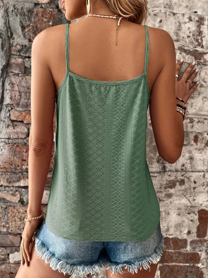 Telvara | Women's Lace Trim Eyelet Tank Top - White - Image 4
