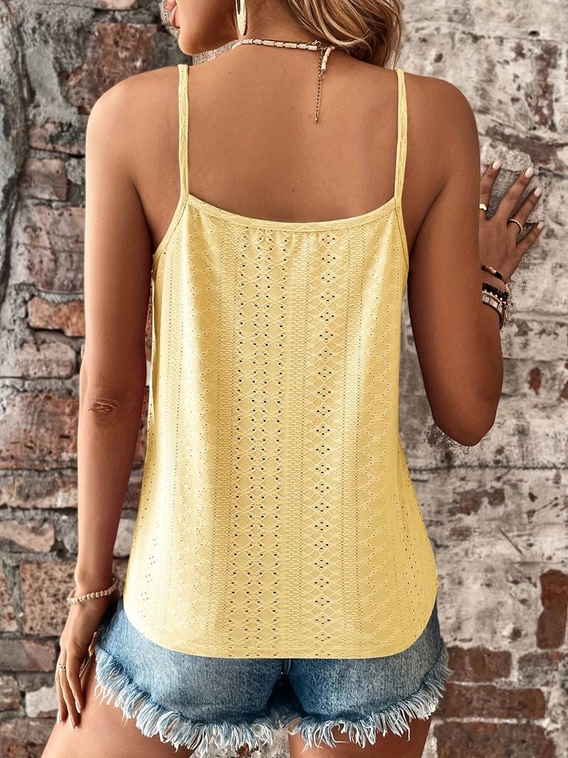 Telvara | Women's Lace Trim Eyelet Tank Top - White - Image 6