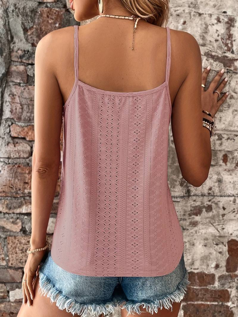 Telvara | Women's Lace Trim Eyelet Tank Top - White - Image 8