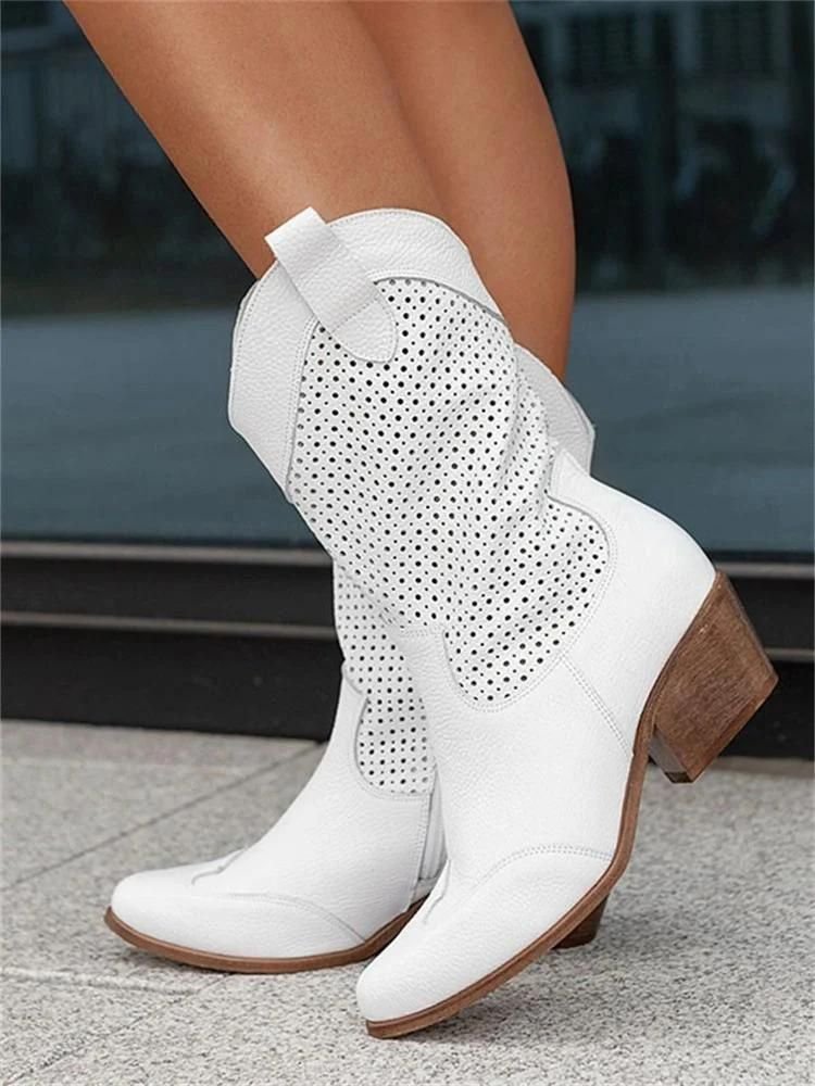 Telvara | Women's Western Cowboy Boot Block Heel - White - Image 1