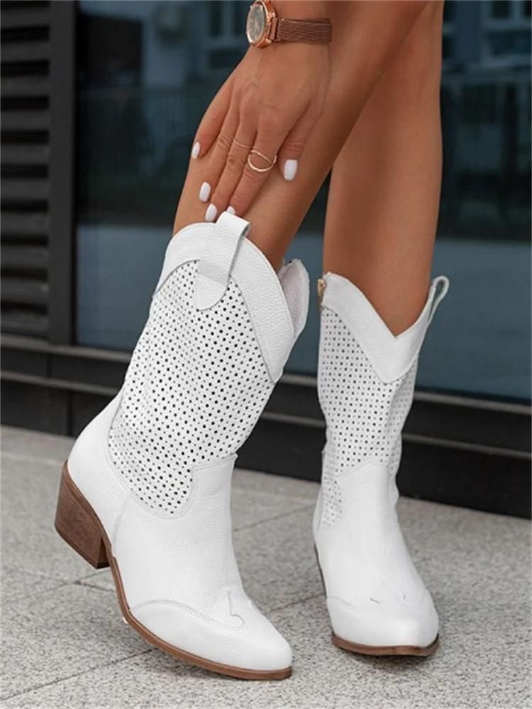 Telvara | Women's Western Cowboy Boot Block Heel - White - Image 3