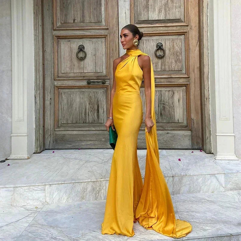 Telvienne | Women's Evening Gown Halter Neck Maxi Dress - Yellow - Image 1