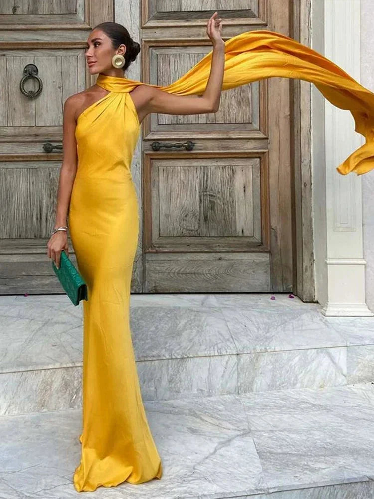 Telvienne | Women's Evening Gown Halter Neck Maxi Dress - Yellow - Image 5