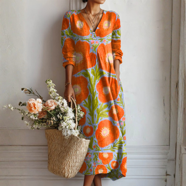 Telvindra | Women's Floral Print Maxi Dress - Orange - Image 1