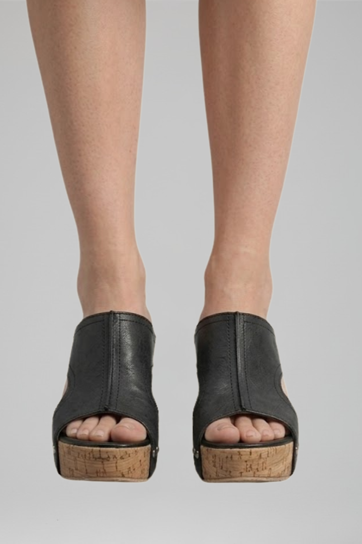 Telvisse | Women's Cork Wedge Slide Sandals Open Toe - Black - Image 1