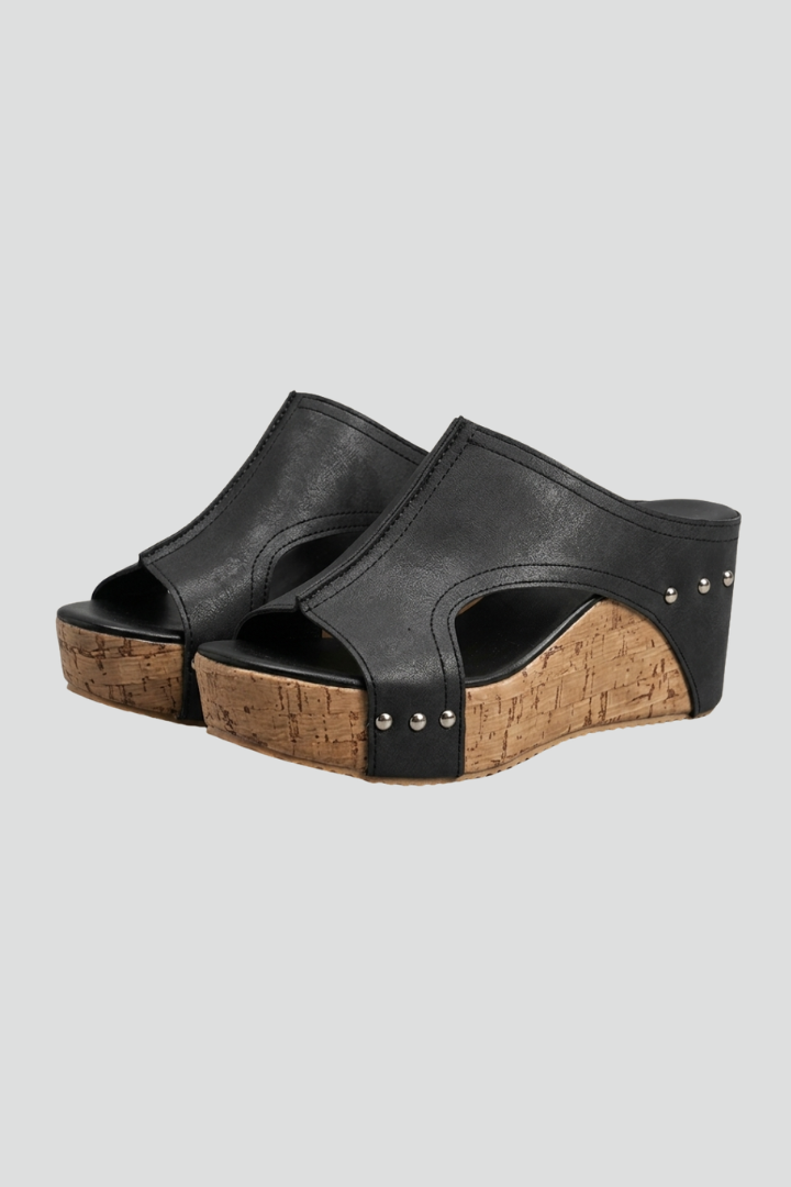 Telvisse | Women's Cork Wedge Slide Sandals Open Toe - Black - Image 2