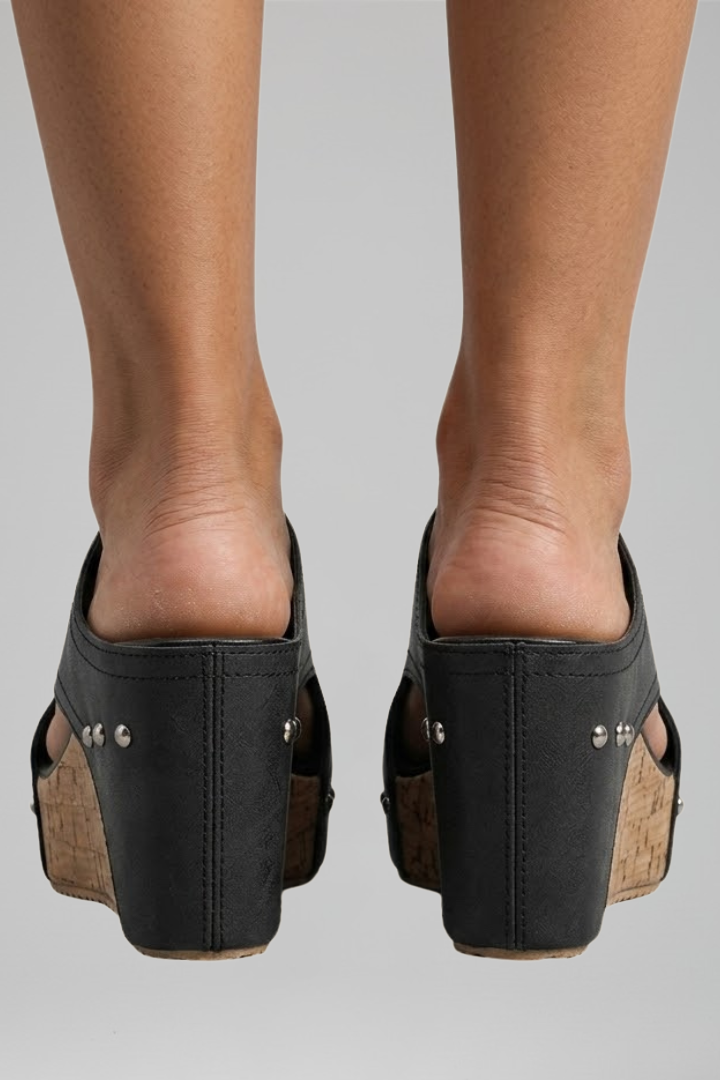 Telvisse | Women's Cork Wedge Slide Sandals Open Toe - Black - Image 5