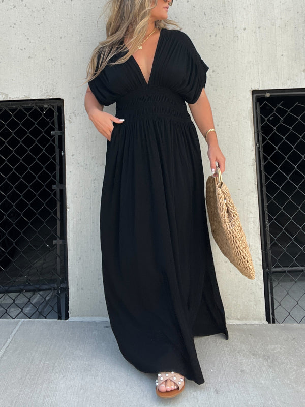 Thessaly | Women's Maxi Dress Deep V-Neck Batwing - Black - Image 1