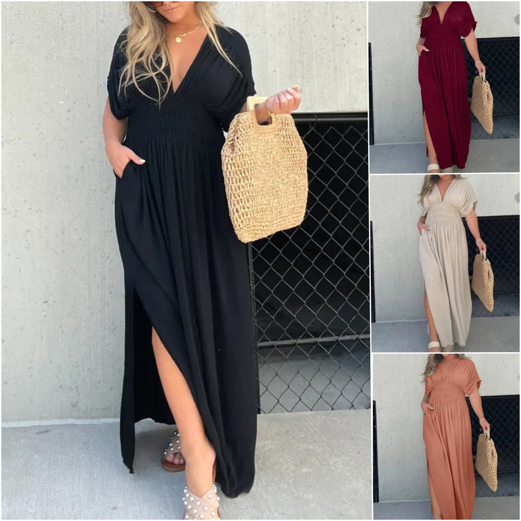 Thessaly | Women's Maxi Dress Deep V-Neck Batwing - Black - Image 10