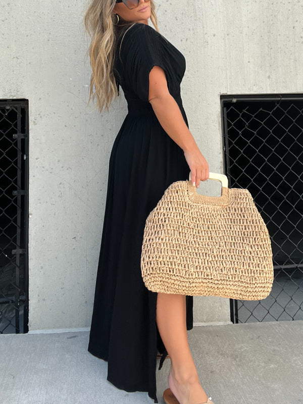 Thessaly | Women's Maxi Dress Deep V-Neck Batwing - Black - Image 2
