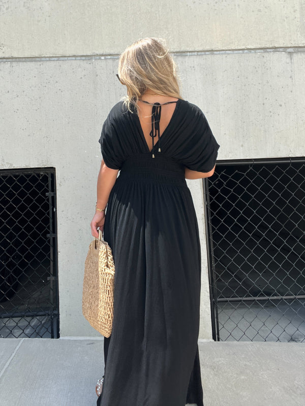 Thessaly | Women's Maxi Dress Deep V-Neck Batwing - Black - Image 3