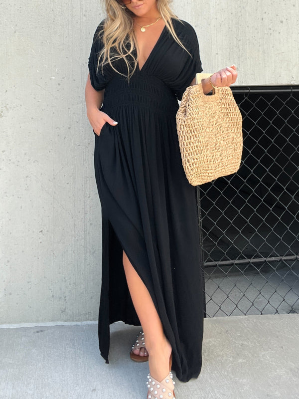 Thessaly | Women's Maxi Dress Deep V-Neck Batwing - Black - Image 4