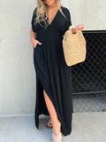 Thessaly | Women's Maxi Dress Deep V-Neck Batwing - Black - Image 4