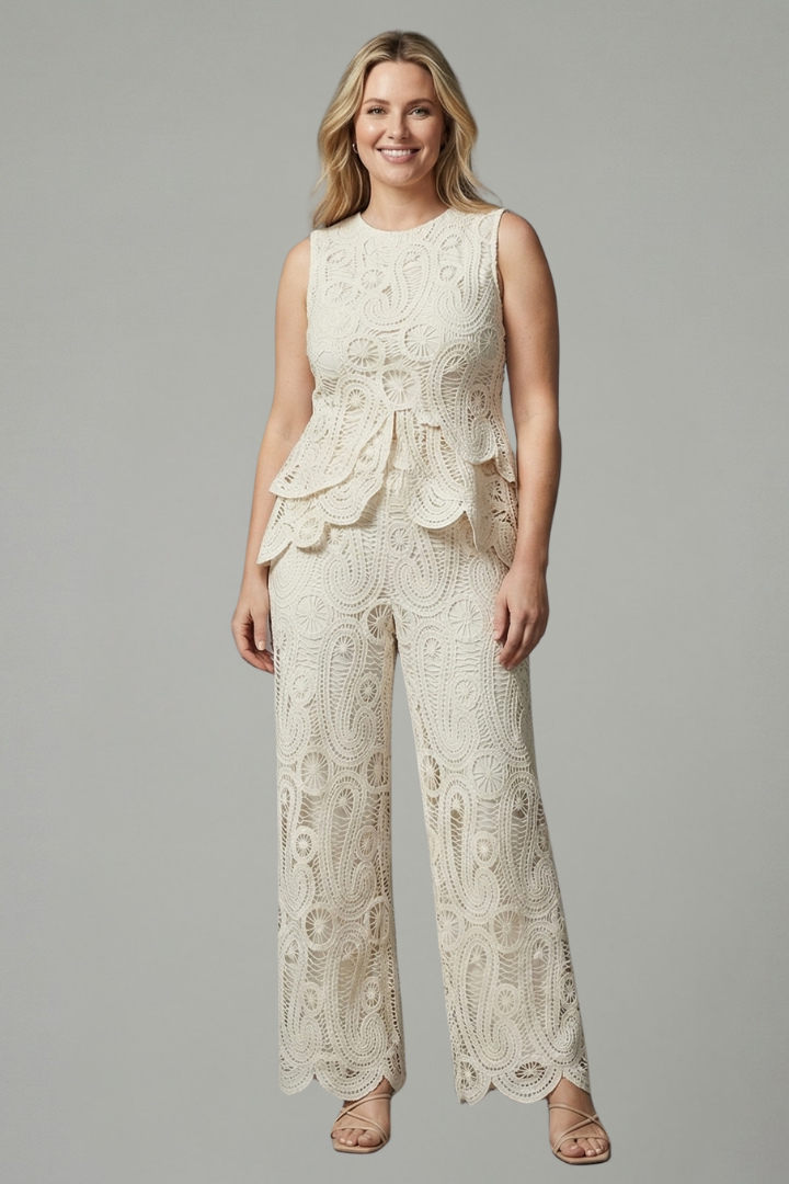 Thessaly | Women's Two Piece Lace Set Wide Leg Pants - Cream - Image 1