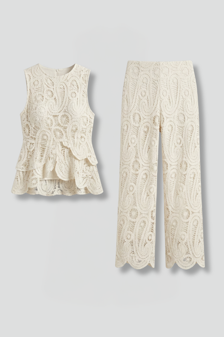 Thessaly | Women's Two Piece Lace Set Wide Leg Pants - Cream - Image 2