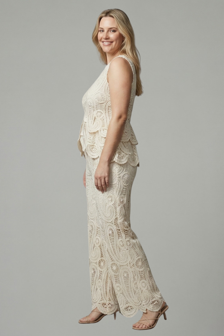 Thessaly | Women's Two Piece Lace Set Wide Leg Pants - Cream - Image 3