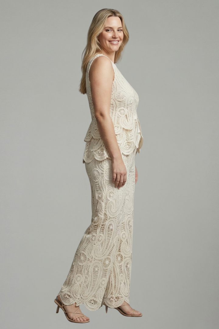Thessaly | Women's Two Piece Lace Set Wide Leg Pants - Cream - Image 4