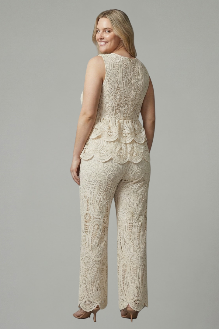 Thessaly | Women's Two Piece Lace Set Wide Leg Pants - Cream - Image 5