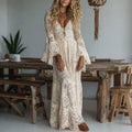 Thessvara | Women's Lace Maxi Dress Boho Evening Gown - Cream - Image 1