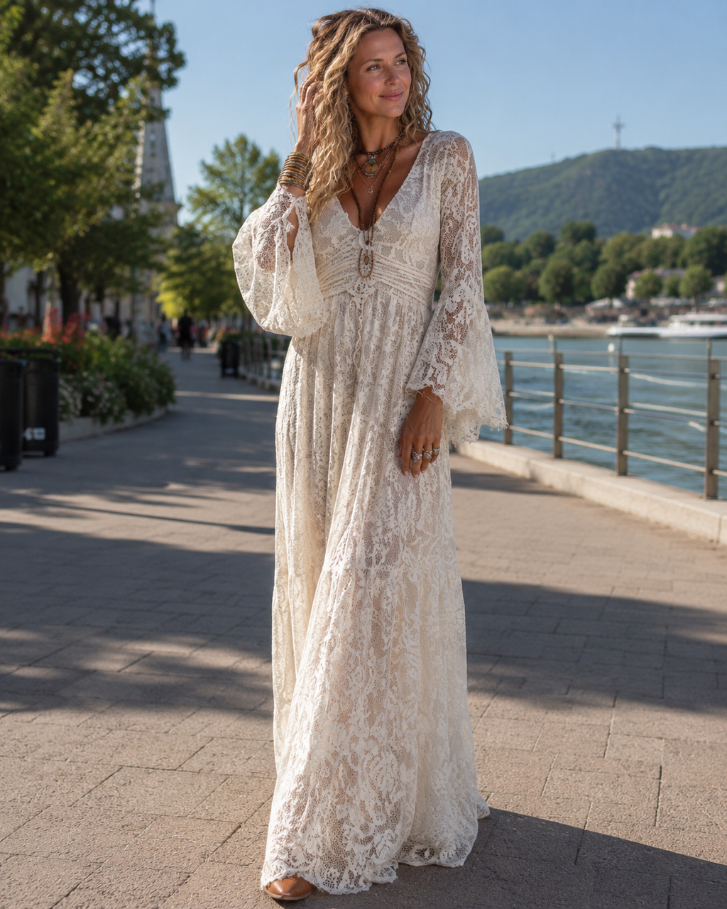 Thessvara | Women's Lace Maxi Dress Boho Evening Gown - Cream - Image 2