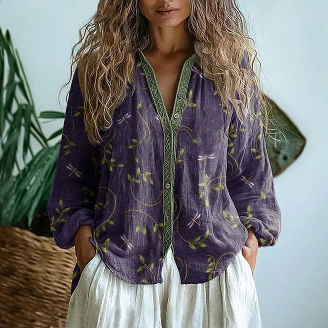 Thessvara | Women's Linen Top Boho Print Blouse - Image 1
