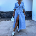 Thessvine | Women's Denim Maxi Dress Button-Front - Light Blue - Image 1