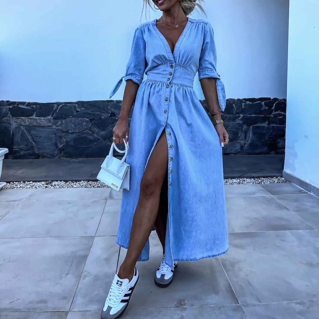 Thessvine | Women's Denim Maxi Dress Button-Front - Light Blue - Image 1