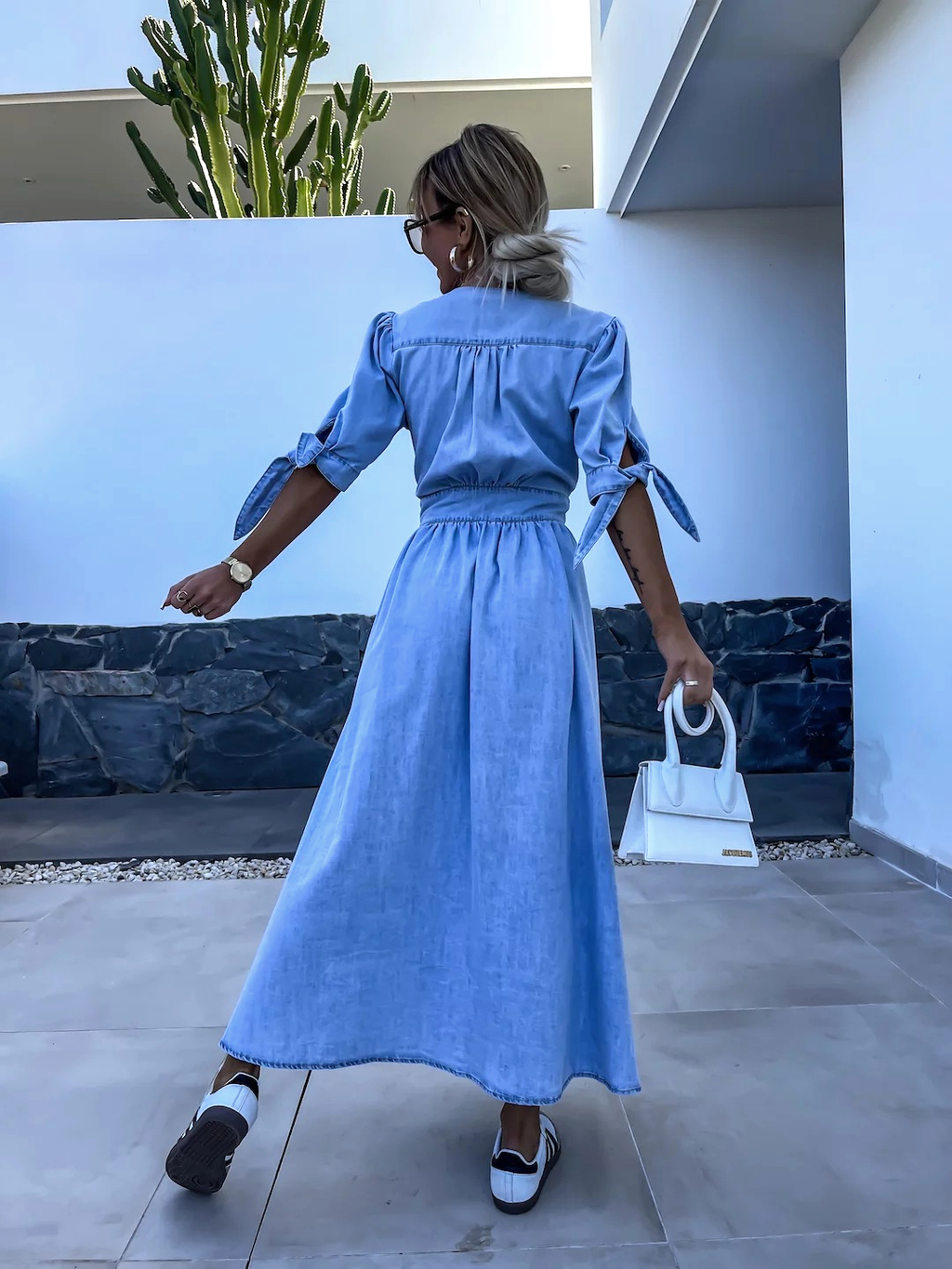 Thessvine | Women's Denim Maxi Dress Button-Front - Light Blue - Image 2