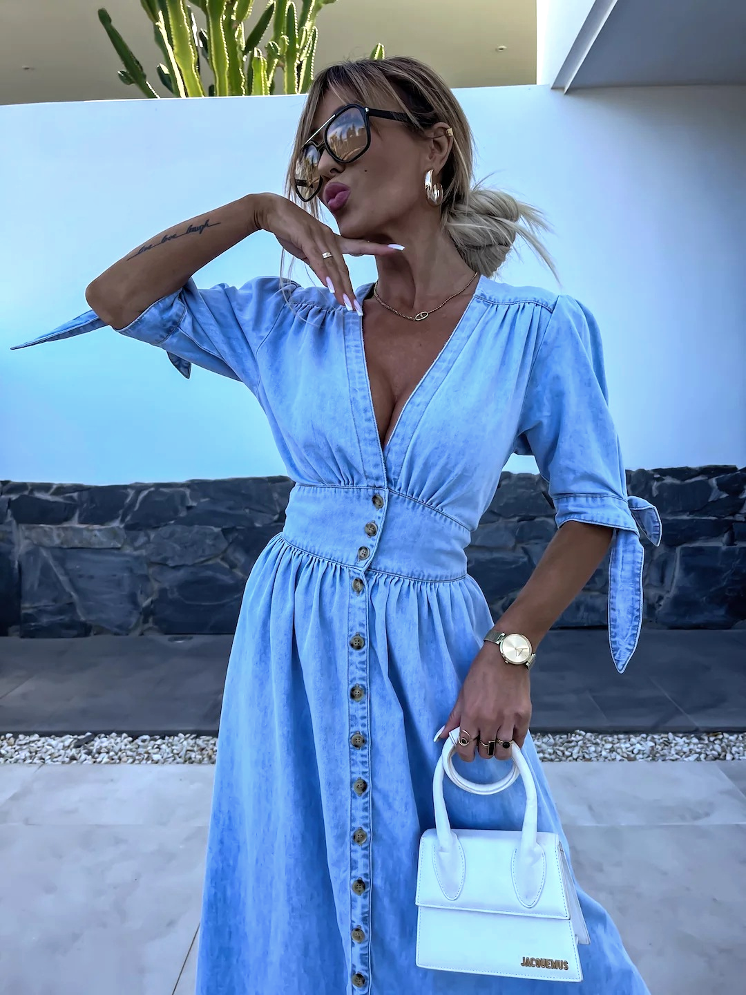 Thessvine | Women's Denim Maxi Dress Button-Front - Light Blue - Image 3