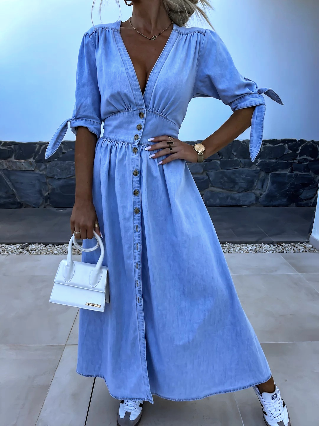 Thessvine | Women's Denim Maxi Dress Button-Front - Light Blue - Image 4
